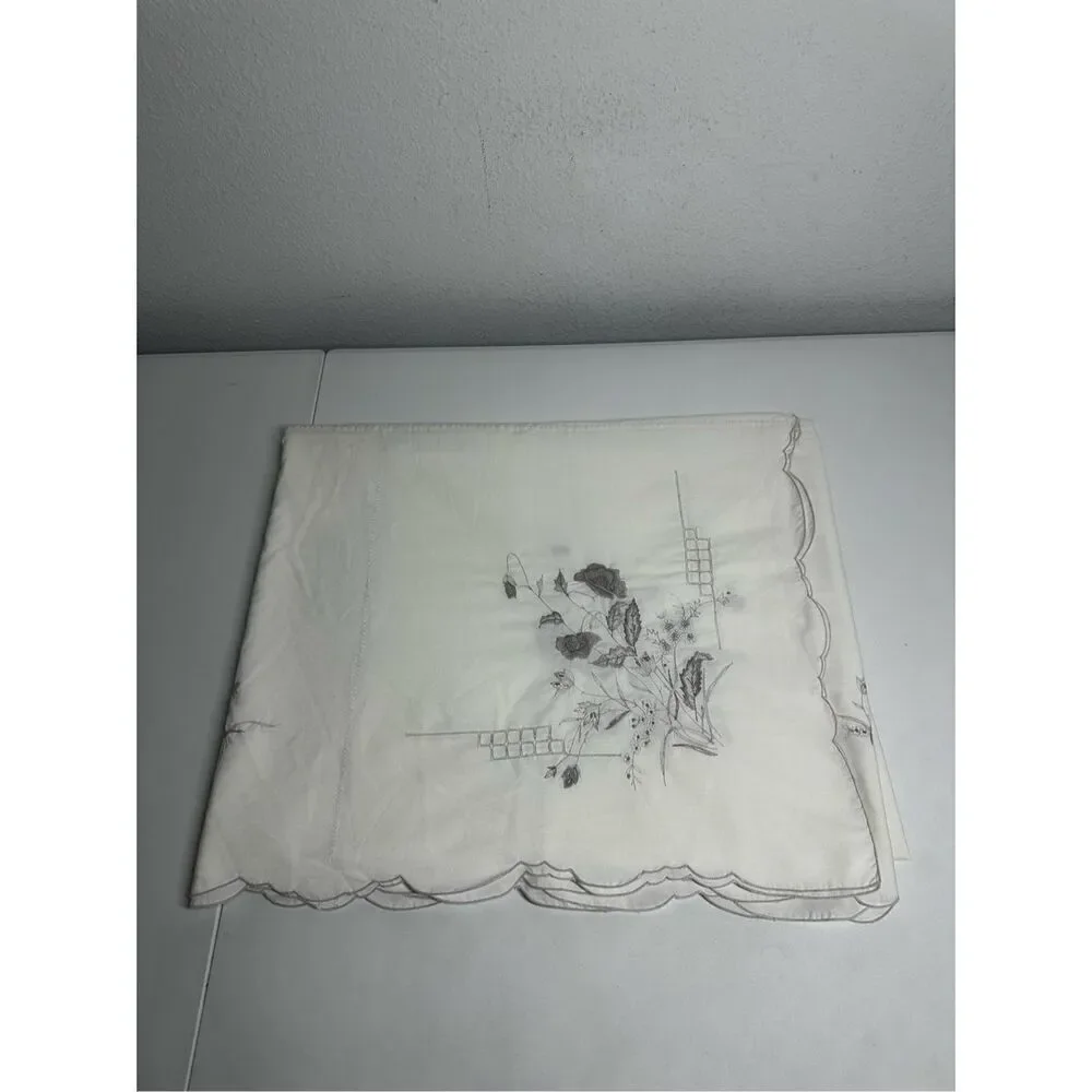 Vintage Embroidered Tablecloth White Gray Size 80” X 68” See Description